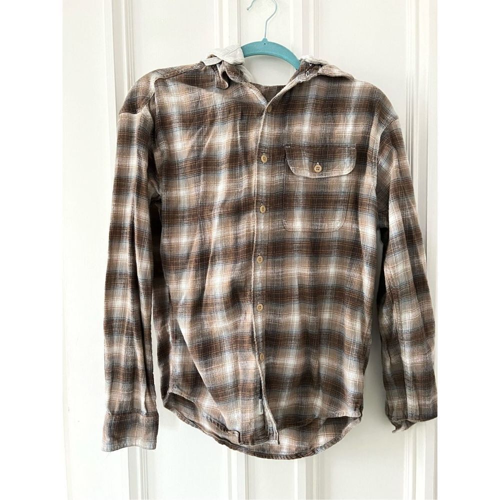 American Eagle men’s ￼light brown cream and gray plaid flannel hoodie XS